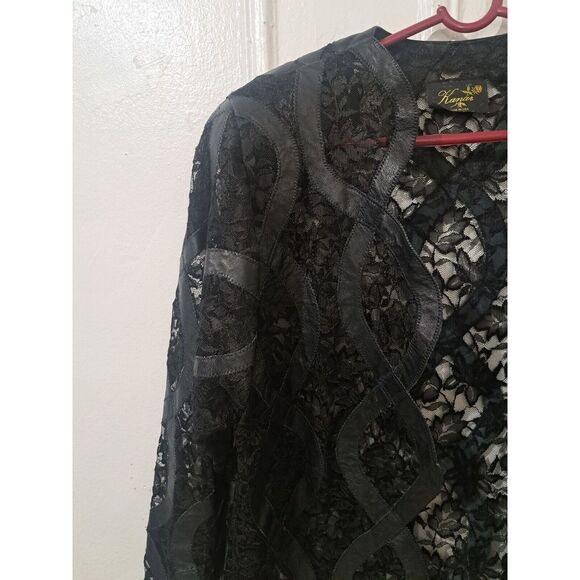 Vintage Kanar Womens xlarge black leather and lace Patchwork Sheer Jacket - Picture 5 of 9